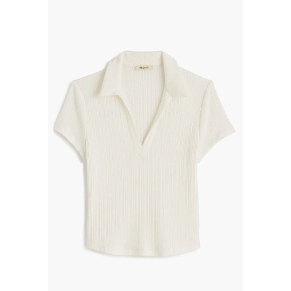 Madewell Ribbed V Neck Polo Tee Top Stretch Lyocell Lighthouse Ivory Slim S NWT - Picture 4 of 11